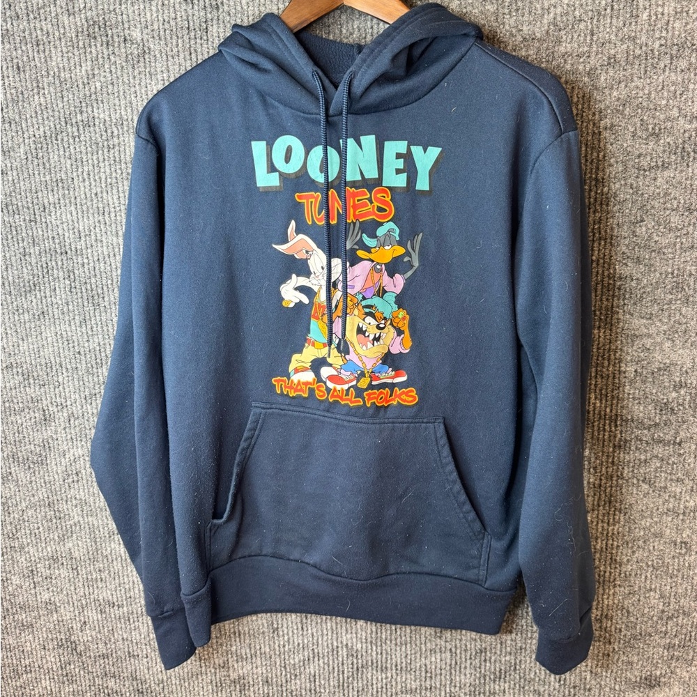 Vnt Looney Tunes That's All Folks Blue Hoodie Medium Bugs Daffy Taz Warner Bros